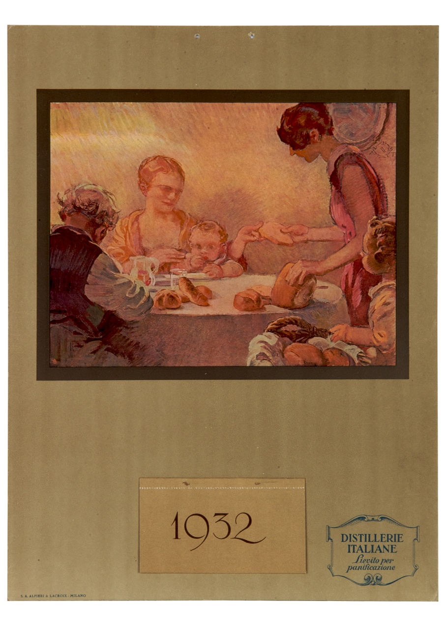 due donne, due bambini e un anziano intorno a un tavolo con del pane sopra (calendario) di Terzi Aleardo (sec. XX)