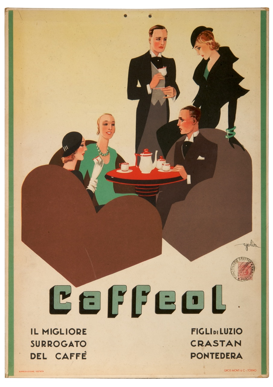 uomini e donne prendono il caffè in un salottino (locandina) di Colmo Eugenio detto Golia (sec. XX)