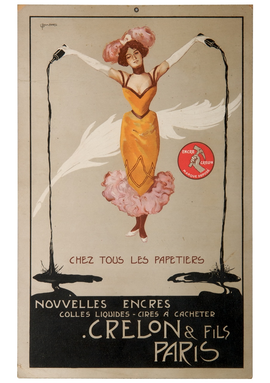 donna in guanti bianchi versa inchiostro da due bottiglie (locandina) di Bompard Luigi (secc. XIX/ XX)