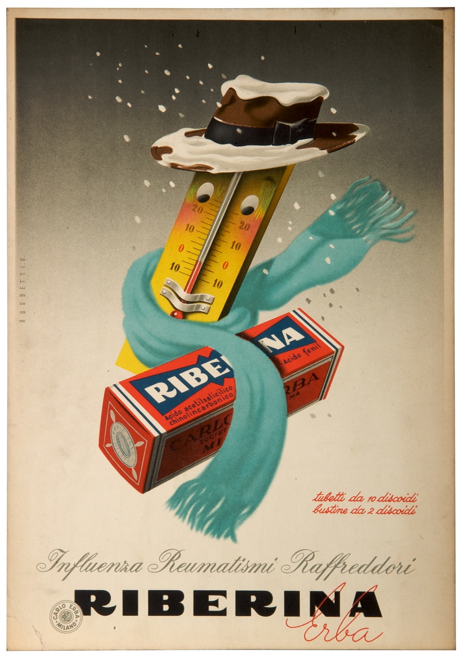 termometro con cappello e sciarpa accanto ad una scatola (locandina) di Rossetti Gian Carlo (sec. XX)