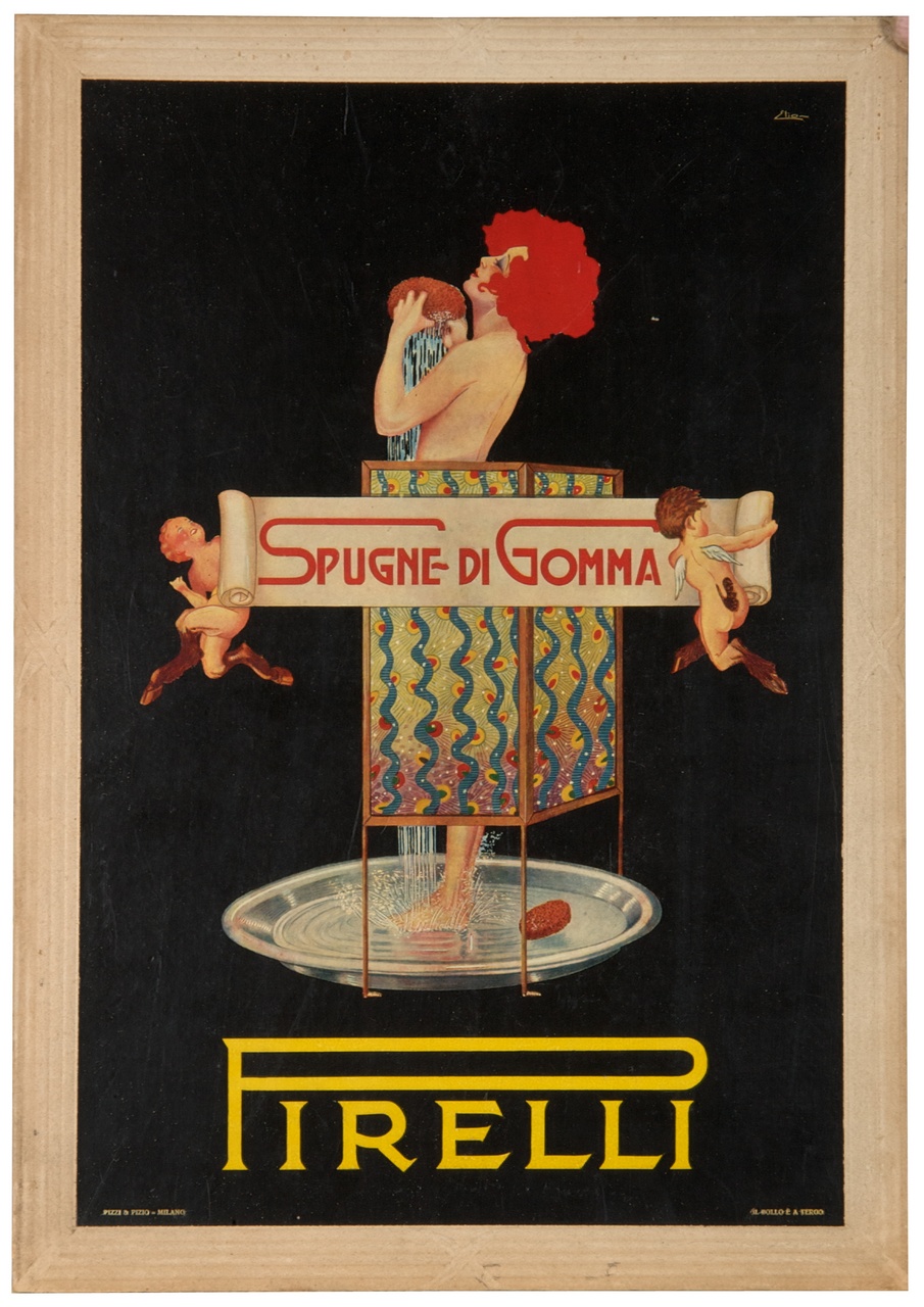 donna in piedi dentro un catino si deterge con una spugna dietro un paravanto davanti al quale due piccoli satiri reggono un cartiglio (locandina) di Elio - ambito italiano (sec. XX)