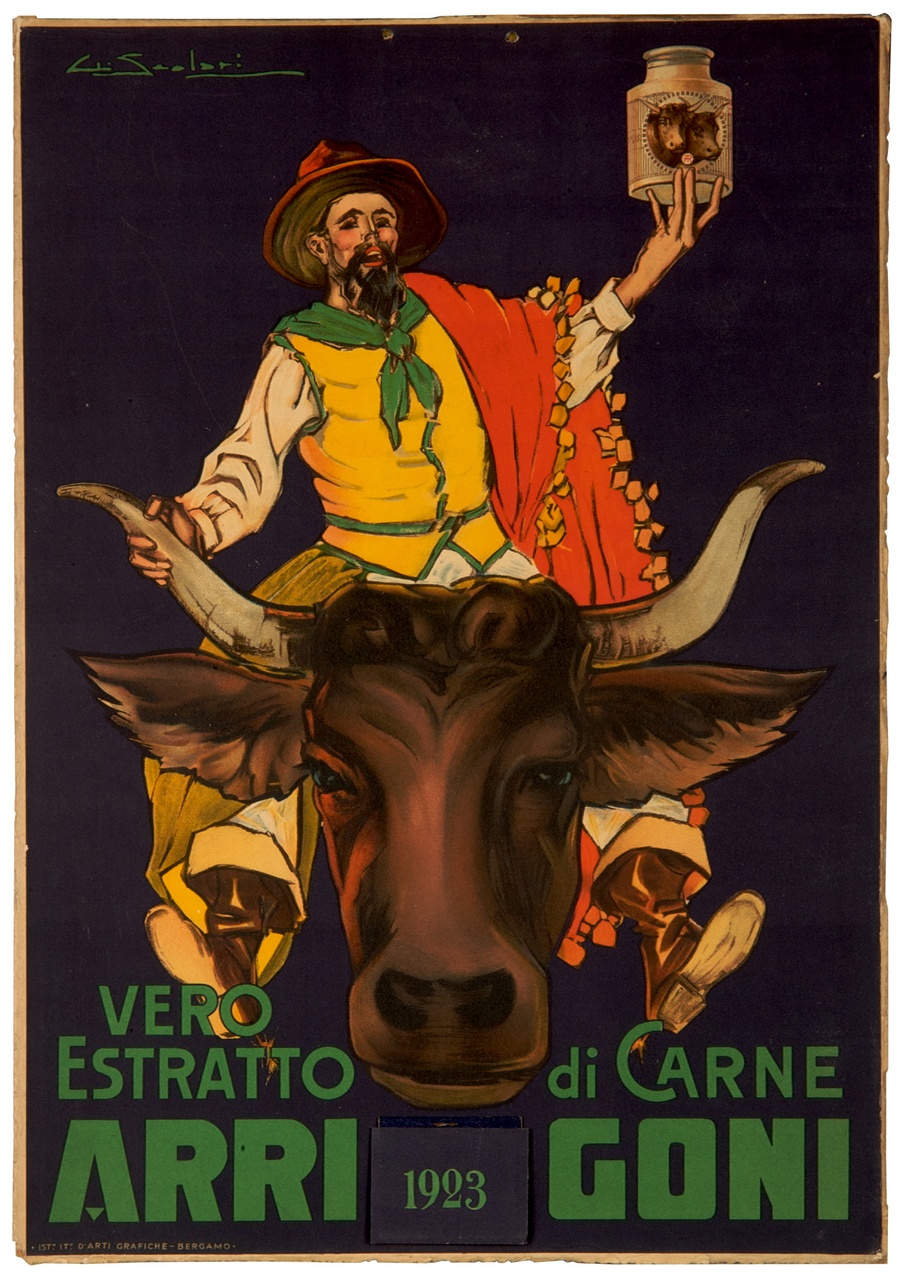 buttero sul dorso di una mucca maremmana solleva un barattolo (calendario) di Scolari Giovanni (sec. XX)