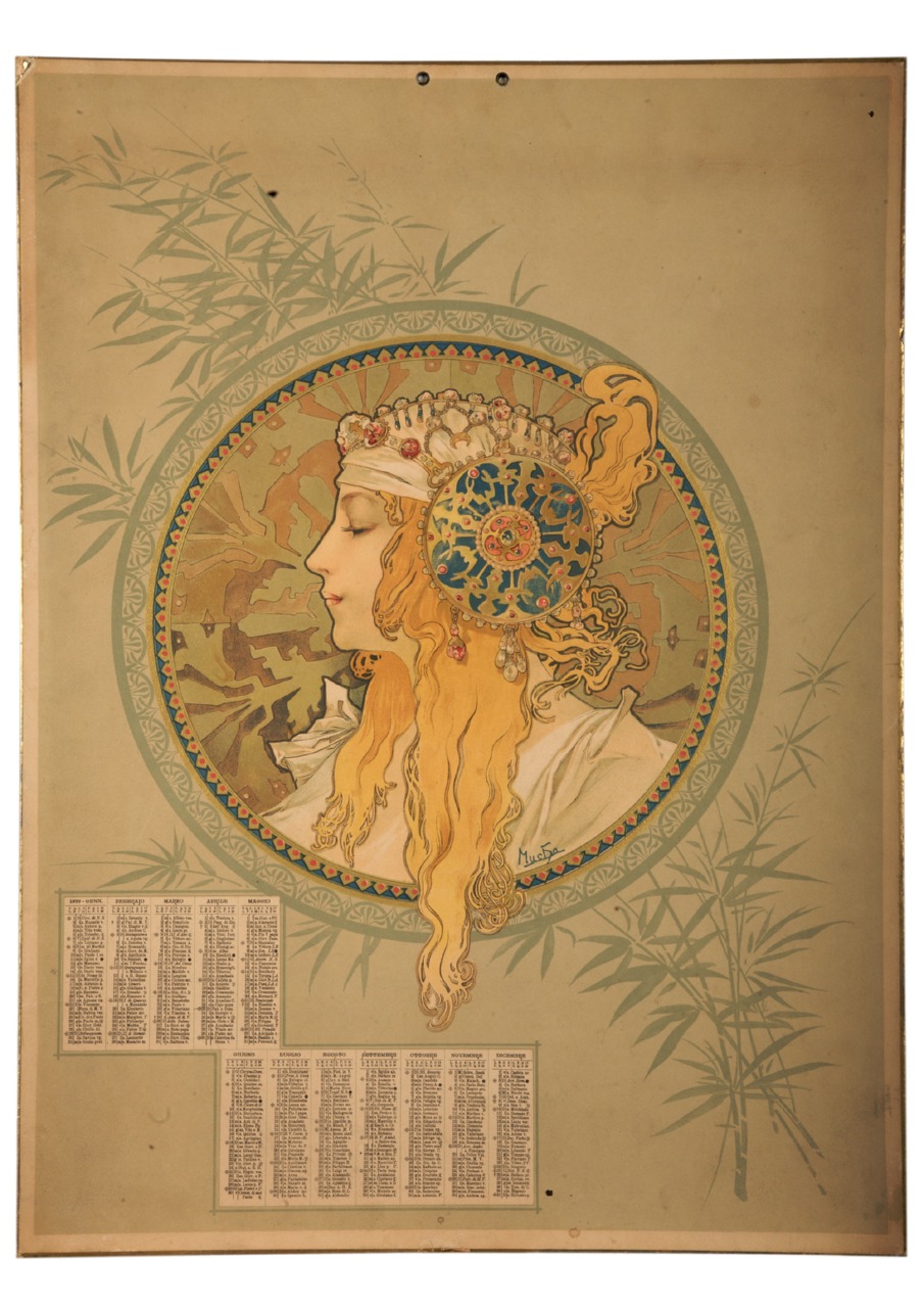 profilo di donna con diadema sul capo (calendario) di Mucha Alfons (sec. XIX)