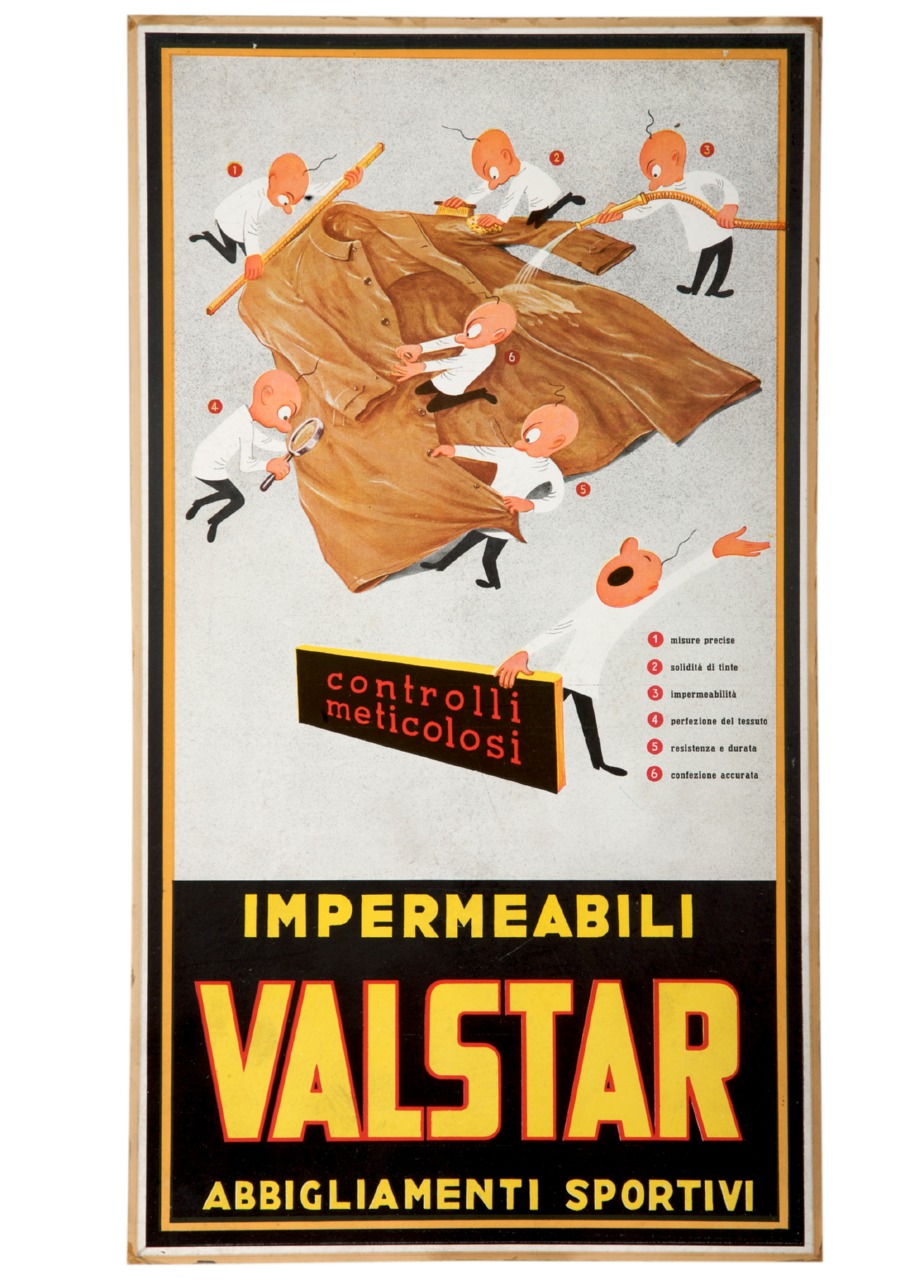 figurine maschili in camice bianco controllano un impermeabile (tabella) di Garretto Paolo Federico (sec. XX)