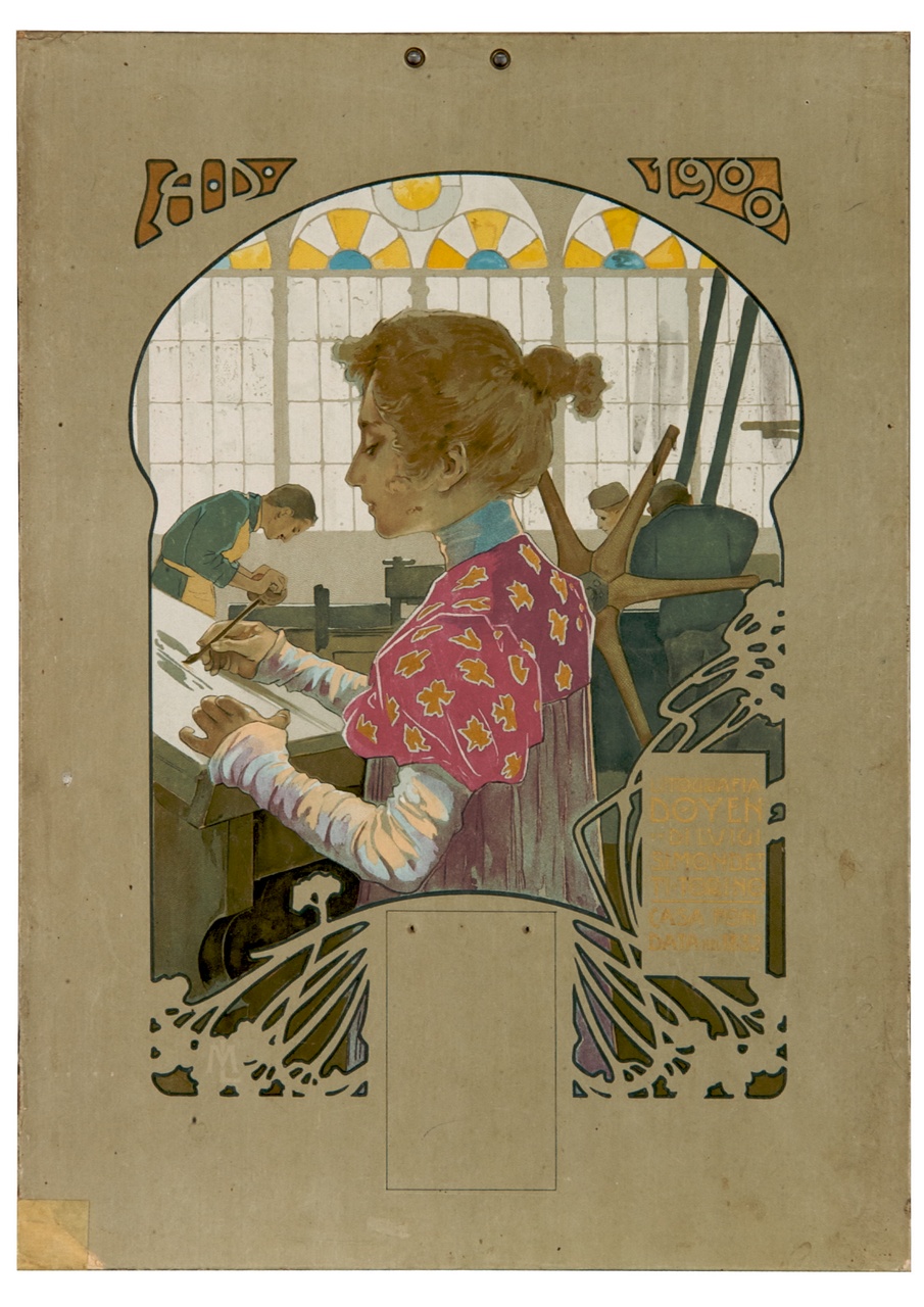 donna dipinge all'interno di una litografia mentre tre uomini lavorano alla stampa (calendario) di Metlicovitz Leopoldo (sec. XX)