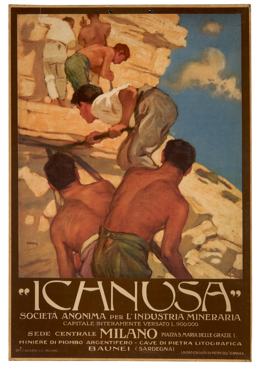 cavatori estraggono e trasportano blocchi di pietra (locandina) di Metlicovitz Leopoldo (sec. XX)