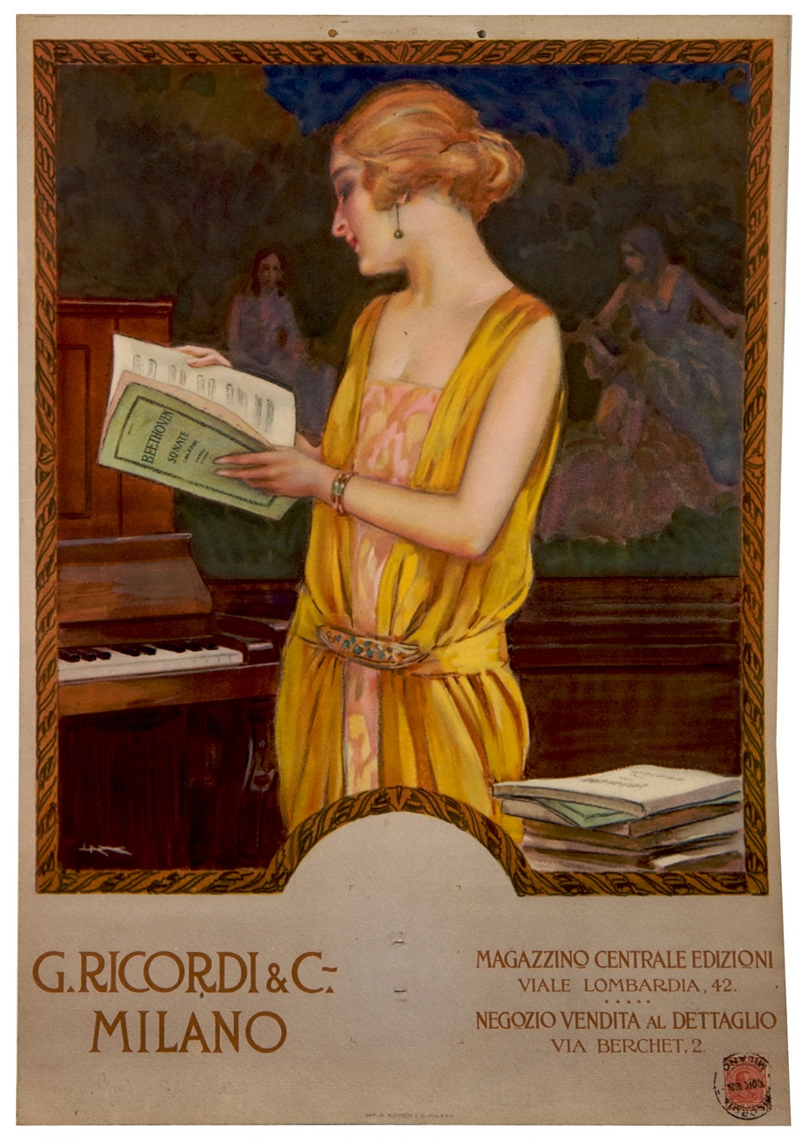 donna legge uno spartito di Beethoven davanti a un pianoforte (calendario) di Metlicovitz Leopoldo (sec. XX)