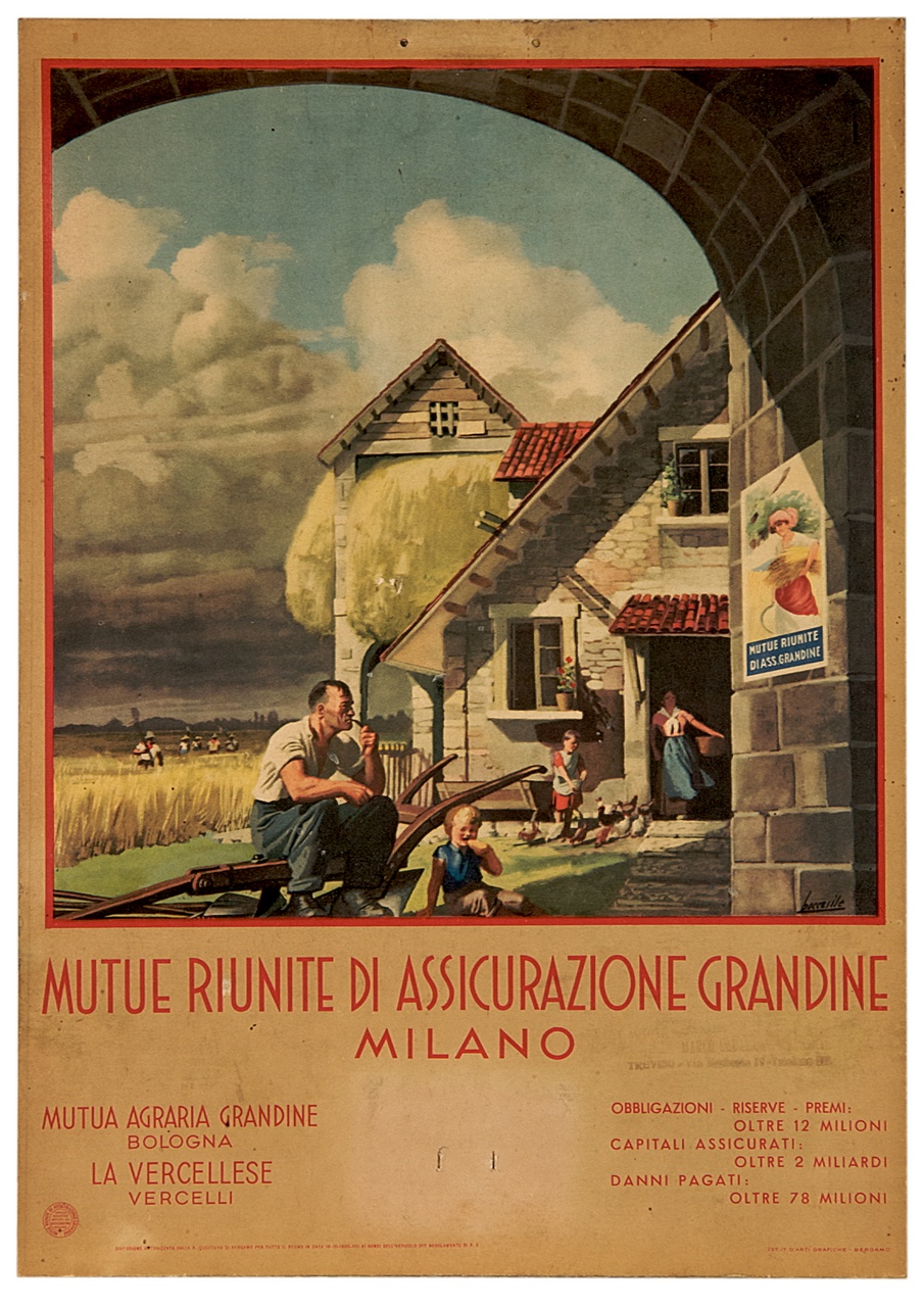 famiglia nel cortile di una casa di campagna con annesso fienile (calendario) di Boccasile Gino (sec. XX)