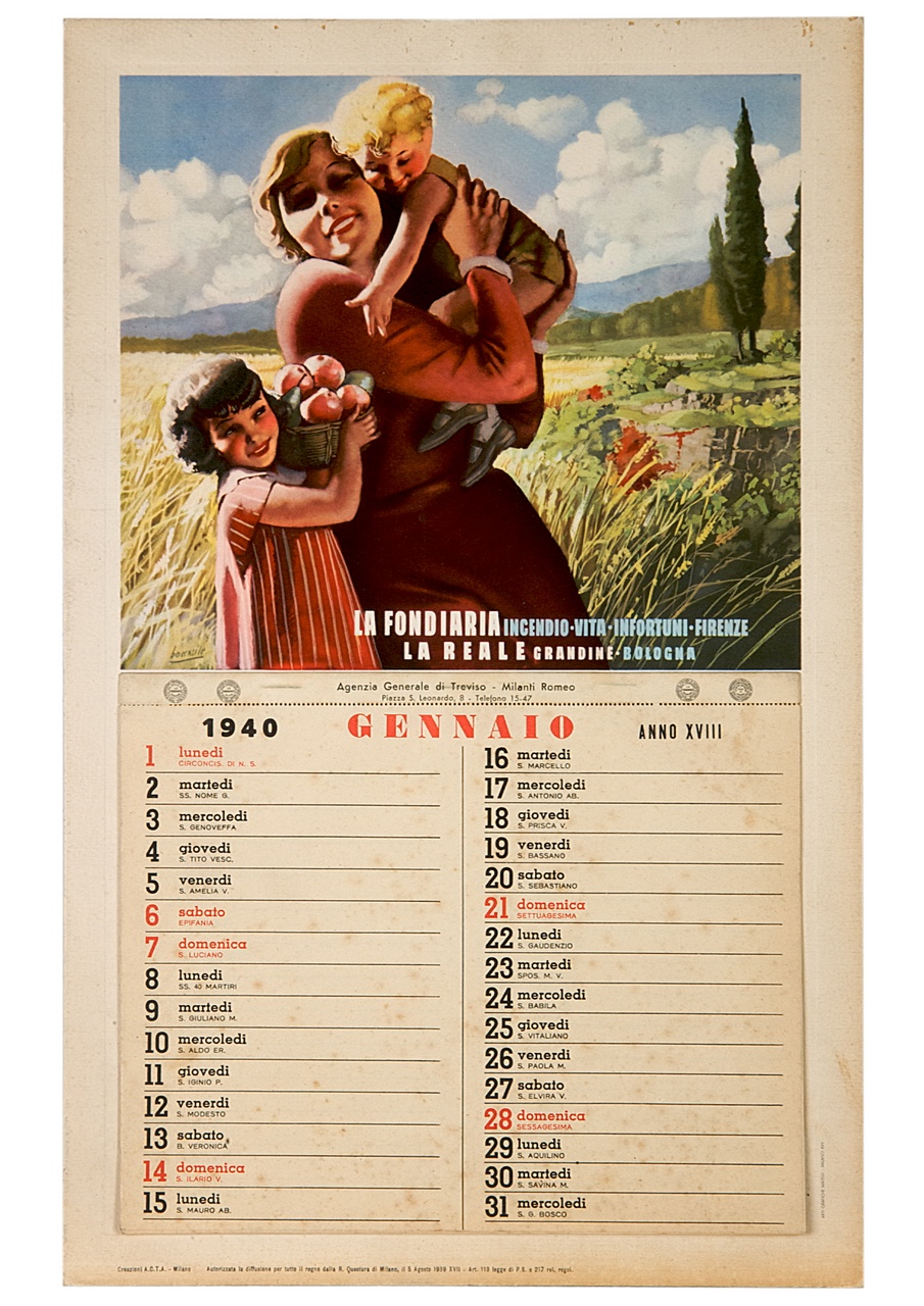madre con due bambini in un campo di grano (calendario) di Boccasile Gino (sec. XX)