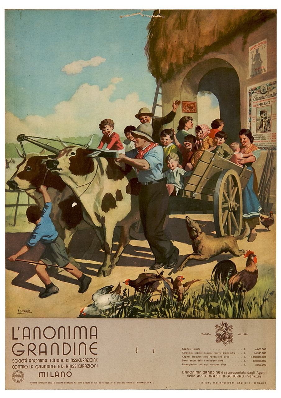 contadini e bambini giocano in un aia su un carro trainato da buoi (calendario) di Boccasile Gino (sec. XX)