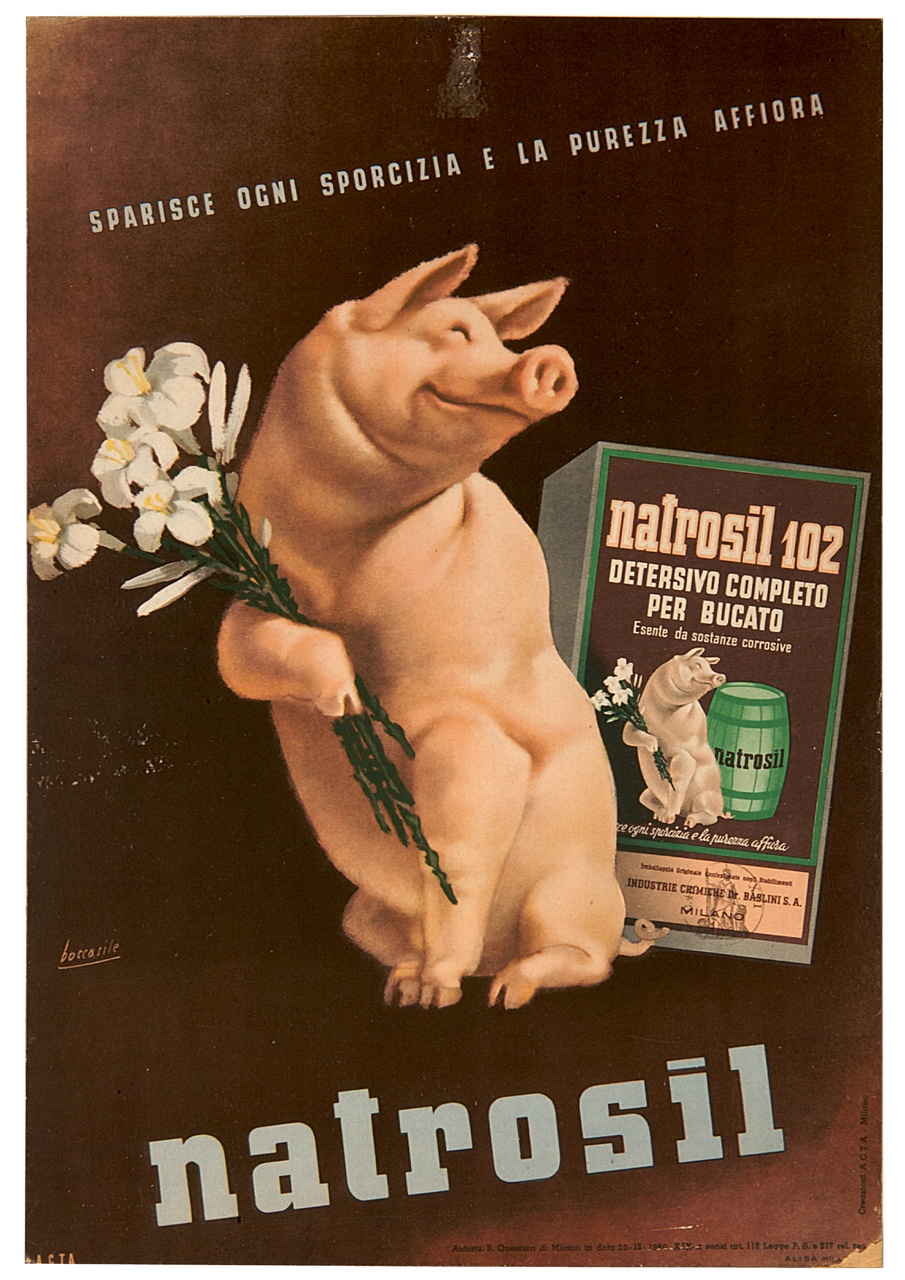 maiale sorridente tiene tra le zampe un mazzo di fiori (locandina) di Boccasile Gino (sec. XX)