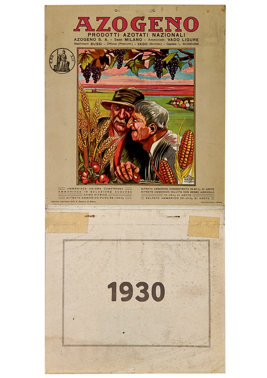 due contadini guardano i prodotti del raccolto (calendario) di Mauzan Achille Luciano (sec. XX)
