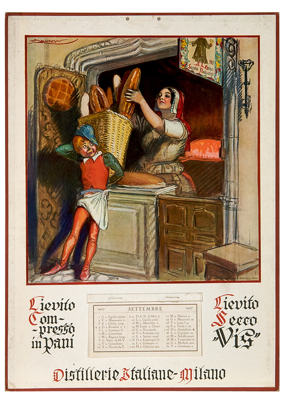 panettiera carica sulle spalle di un ragazzino un cesto di pane (calendario) di Mauzan Achille Luciano (sec. XX)