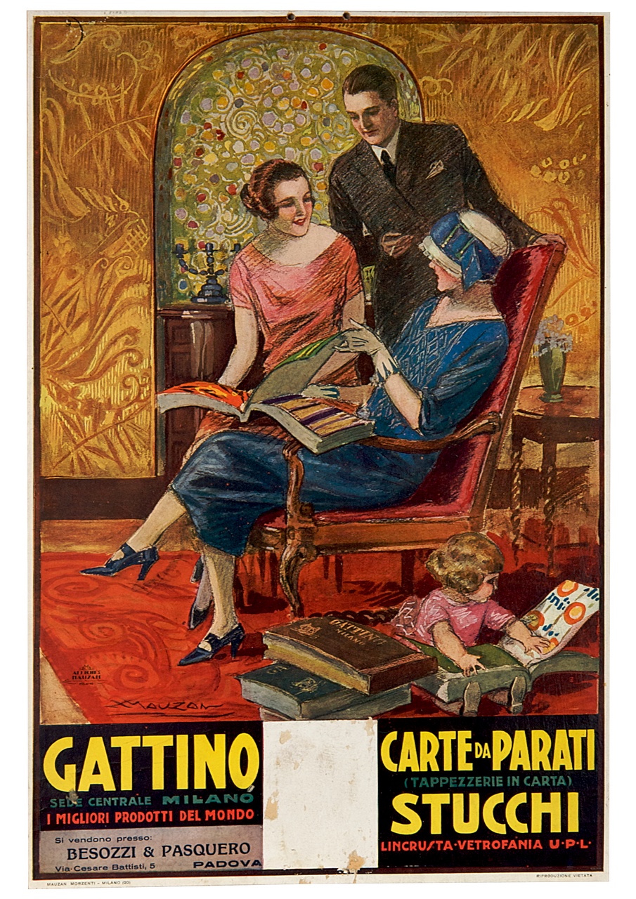 interno domestico con due donne e un uomo che guardano un campionario di carte da parati (calendario) di Mauzan Achille Luciano (sec. XX)