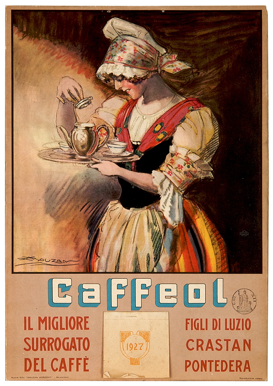 donna in abiti tradizionali solleva il coperchio di un bricco di caffè (calendario) di Mauzan Achille Luciano (sec. XX)