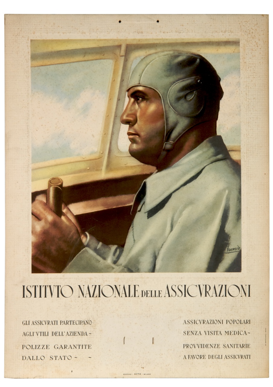 ritratto a mezzo busto di Bruno Mussolini alla cloche di un aereo (calendario) di Boccasile Gino (sec. XX)