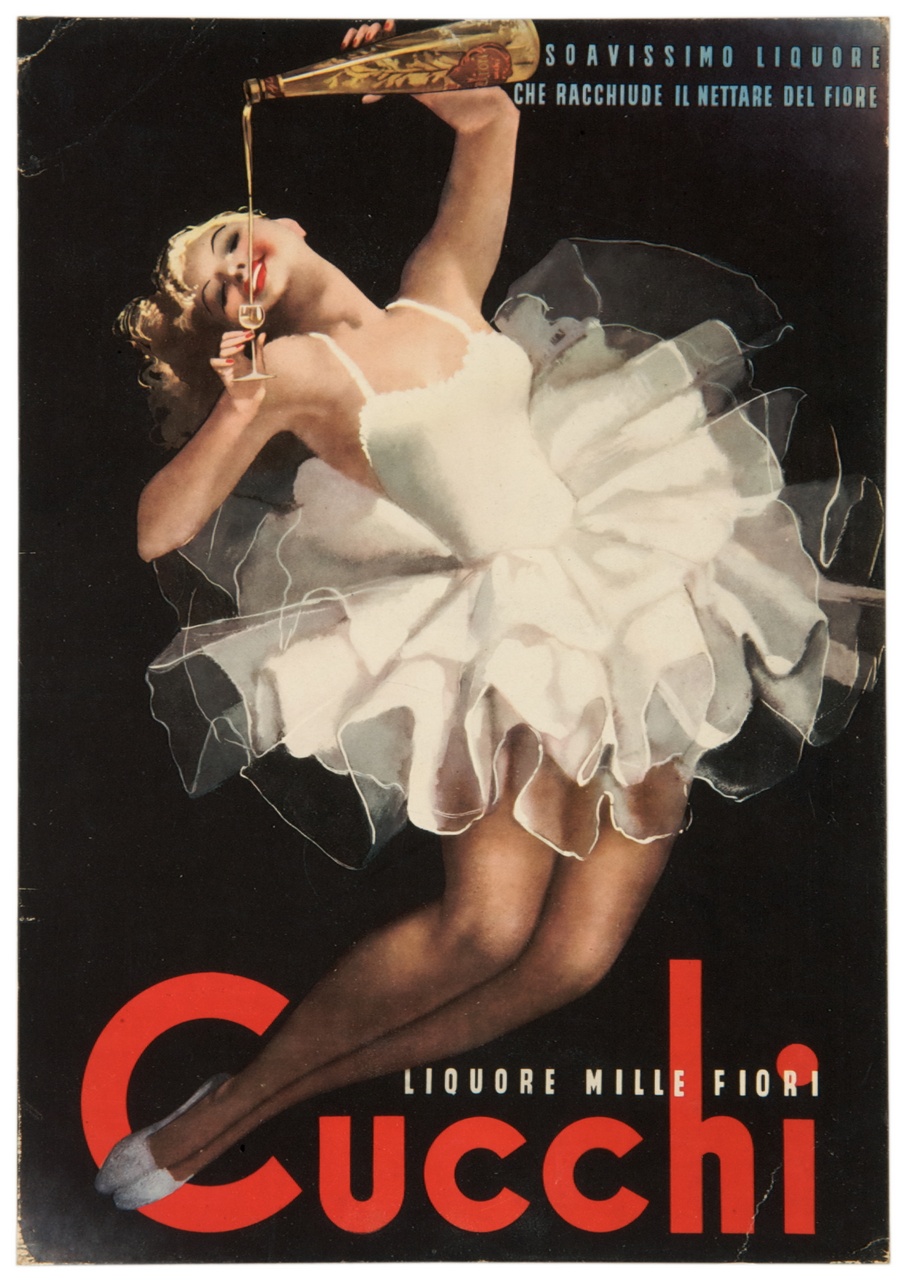 ballerina versa liquore in un bicchierino (locandina) di Boccasile Gino (sec. XX)
