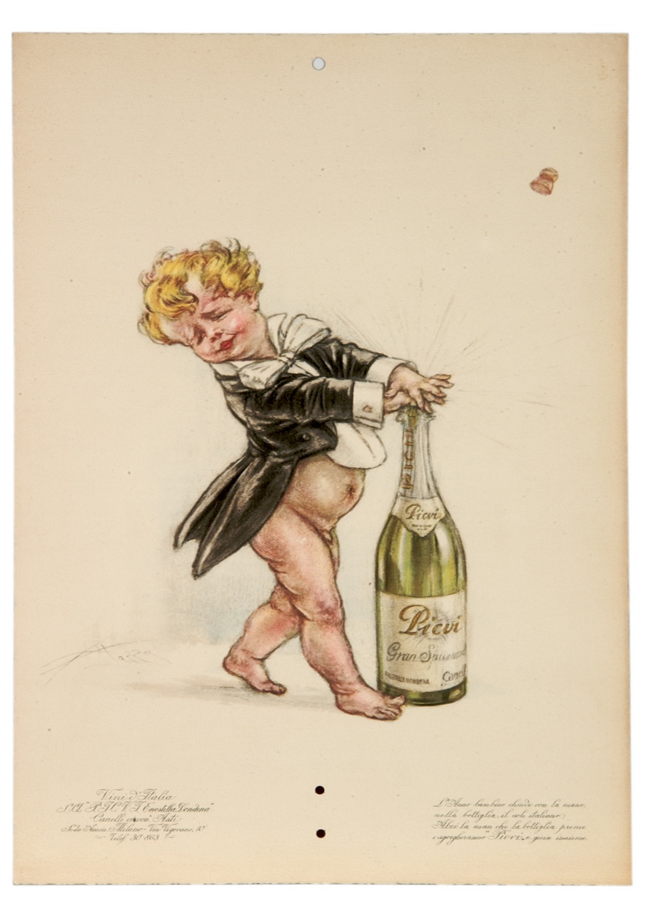 cupido in frac tiene le mani su una bottiglia di spumante appena stappata (calendario) di Mazza Aldo (sec. XX)