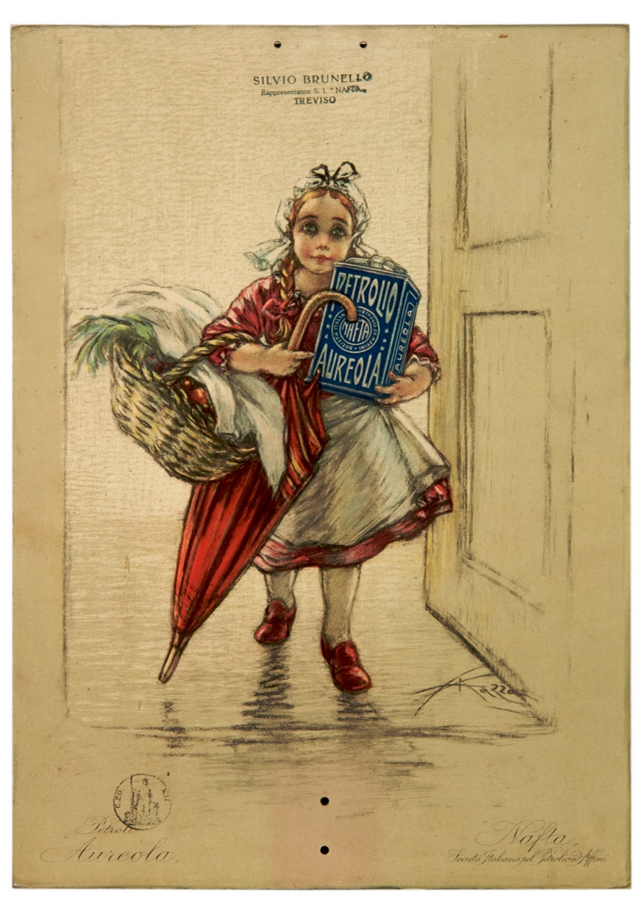 bambina con latta di petrolio, cesta e ombrello varca una soglia (calendario) di Mazza Aldo (sec. XX)