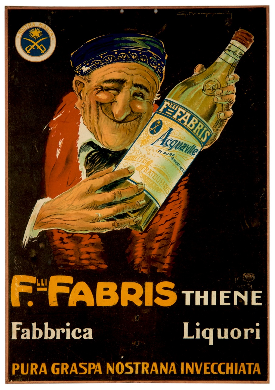 uomo anziano con una bottiglia di acquavite tra le mani (calendario) di Muggiani Giorgio (primo quarto sec. XX)