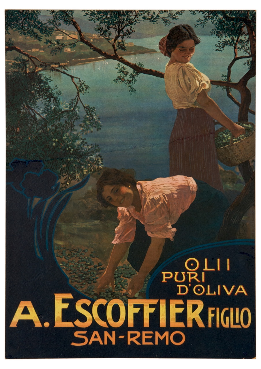 due donne raccolgono le olive (locandina) di Borgoni Mario (sec. XX)