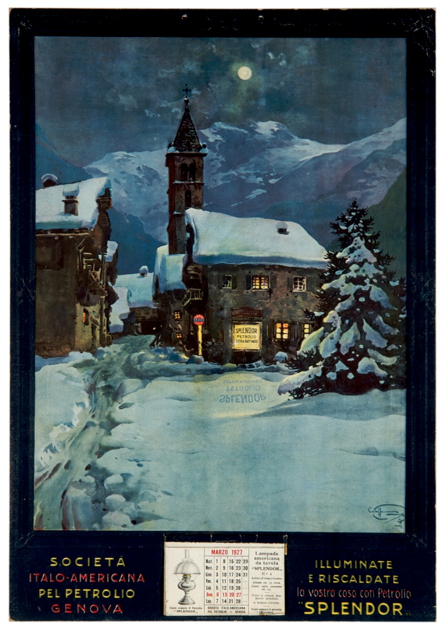 strada innevata di un paesino di montagna (calendario) di Craffonara Aurelio (sec. XX)