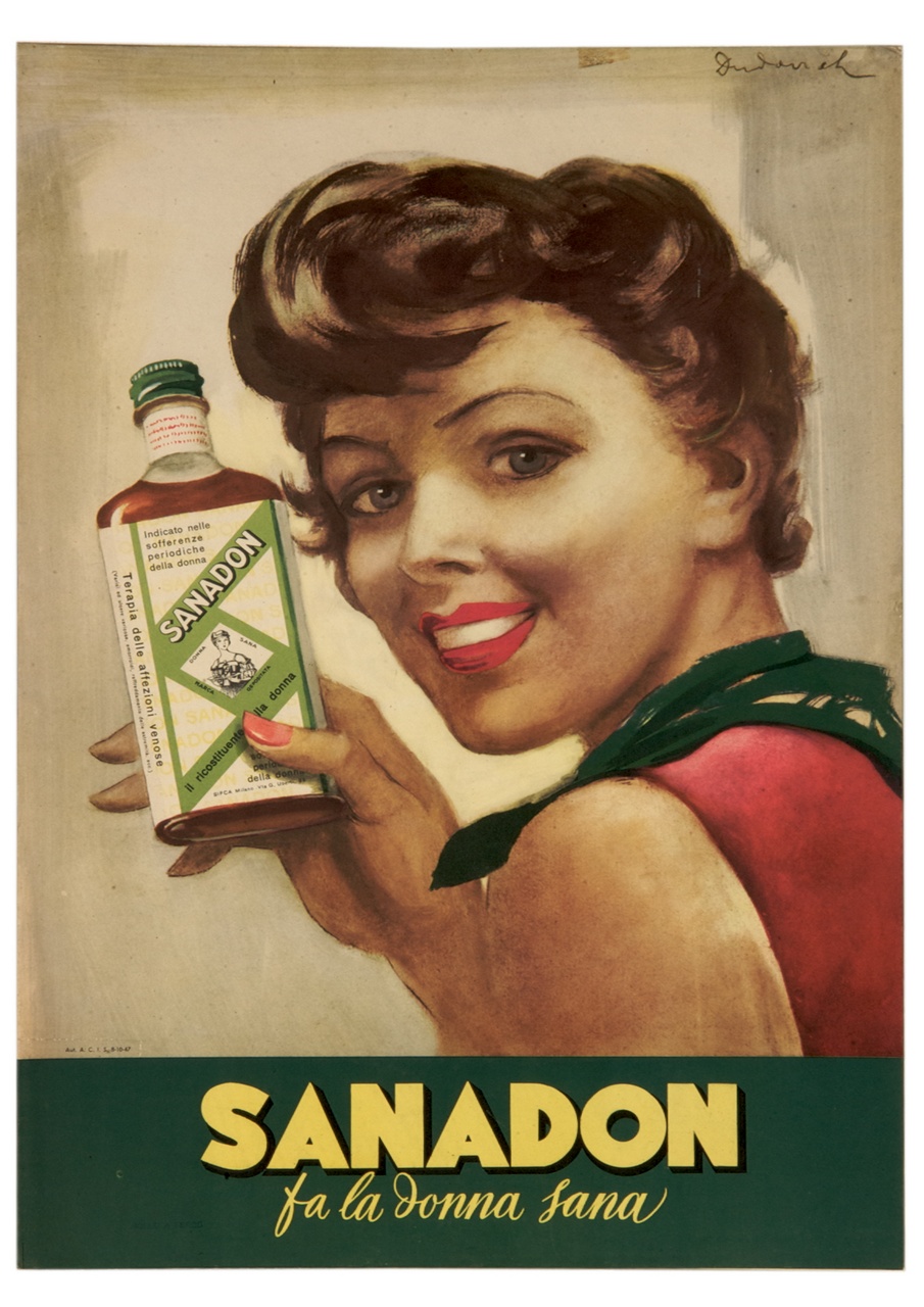 donna mostra una bottiglia di ricostituente (locandina) di Dudovich Marcello (sec. XX)