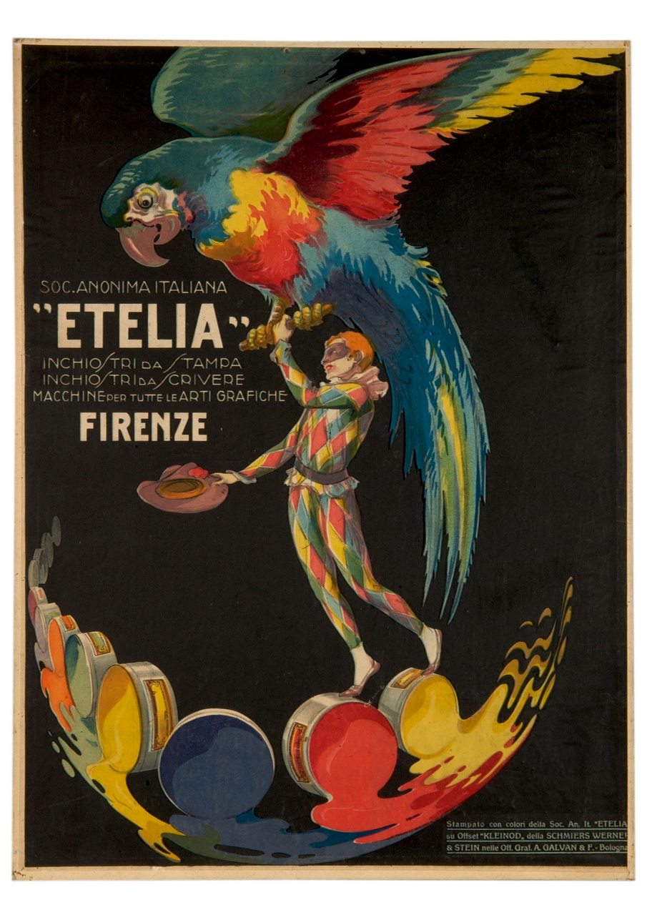 arlecchino con pappagallo su una mano cammina su barattoli di vernice (locandina) di Franzoni Roberto (sec. XX)