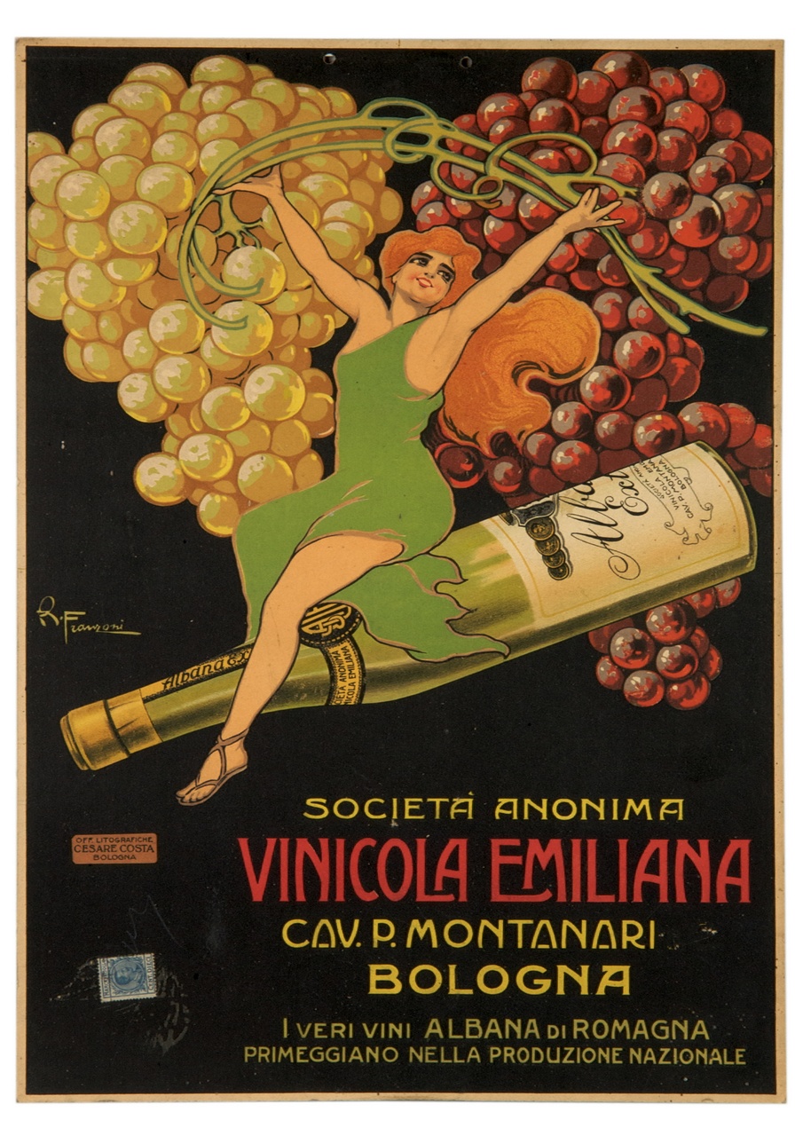 donna a cavallo di una bottiglia di vino tra grappoli d'uva (calendario) di Franzoni Roberto (primo quarto sec. XX)