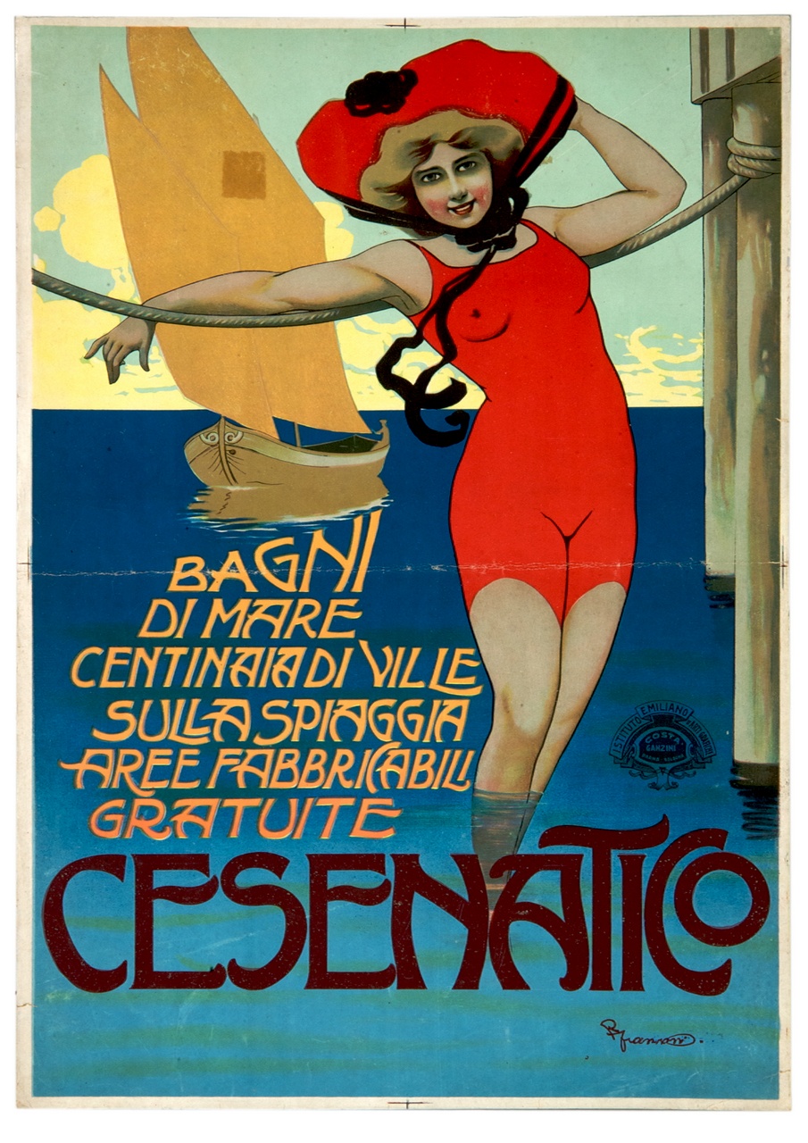 bagnante con i piedi in mare appoggiata alla fune di un pontile (locandina) di Franzoni Roberto (sec. XX)