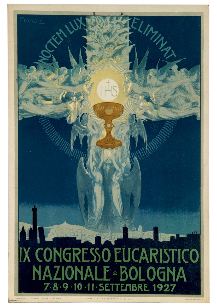 croce composta da angeli con calice e ostia sovrapposti (locandina) di Franzoni Roberto (sec. XX)