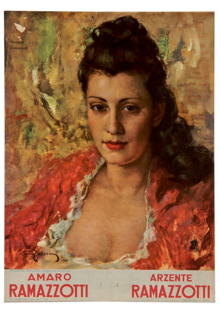 ritratto a mezzo busto di donna con abito rosso scollato (calendario) di Gussoni Vittorio (sec. XX)