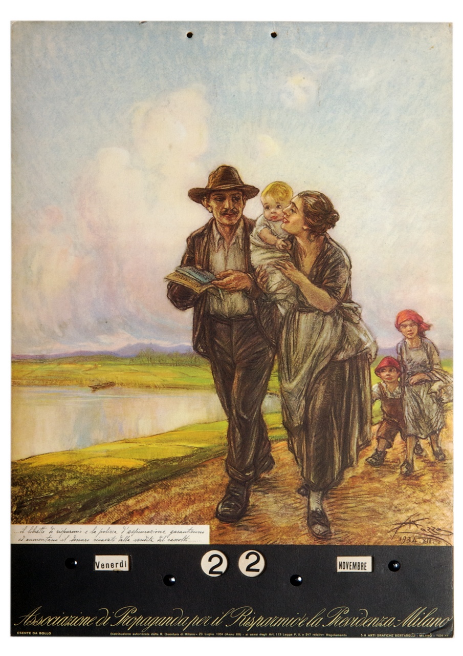 famiglia di contadini con tre bambini su un viale di campagna (calendario) di Mazza Aldo (sec. XX)