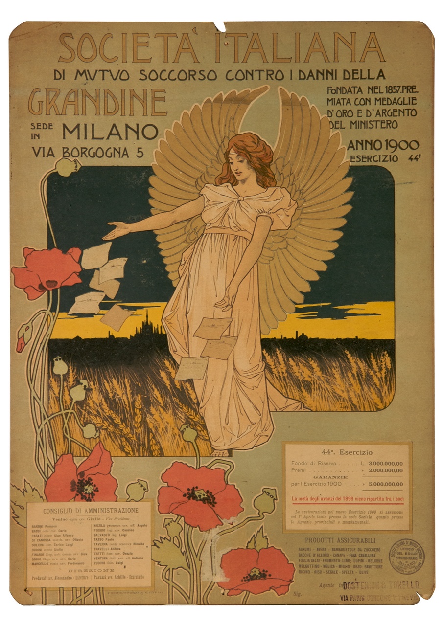 figura femminile alata sparge fogli su un campo di grano (calendario) di Metlicovitz Leopoldo (sec. XX)