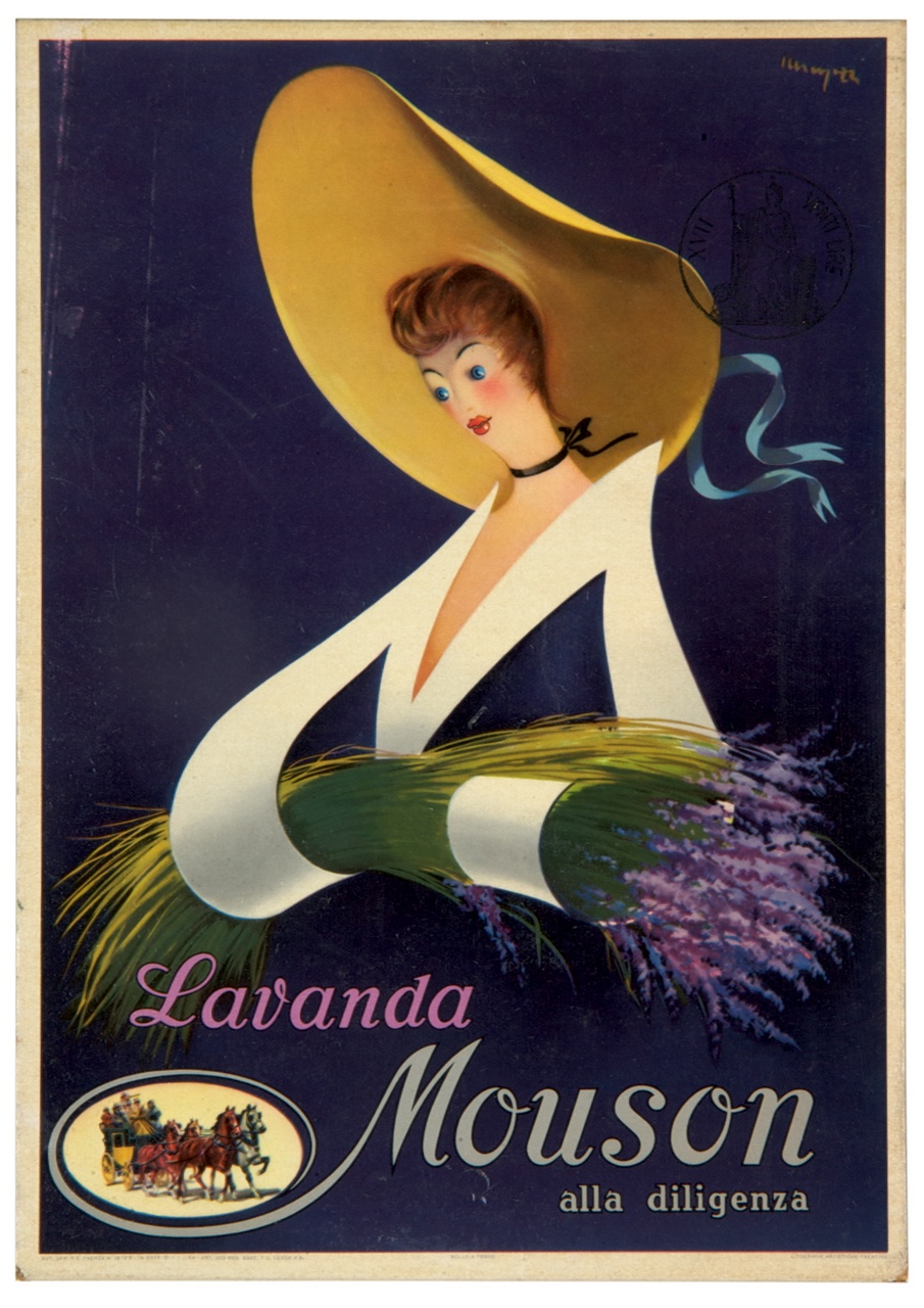 donna con grande cappello in paglia regge fascio di lavanda (locandina) di Mingozzi Giovanni (sec. XX)