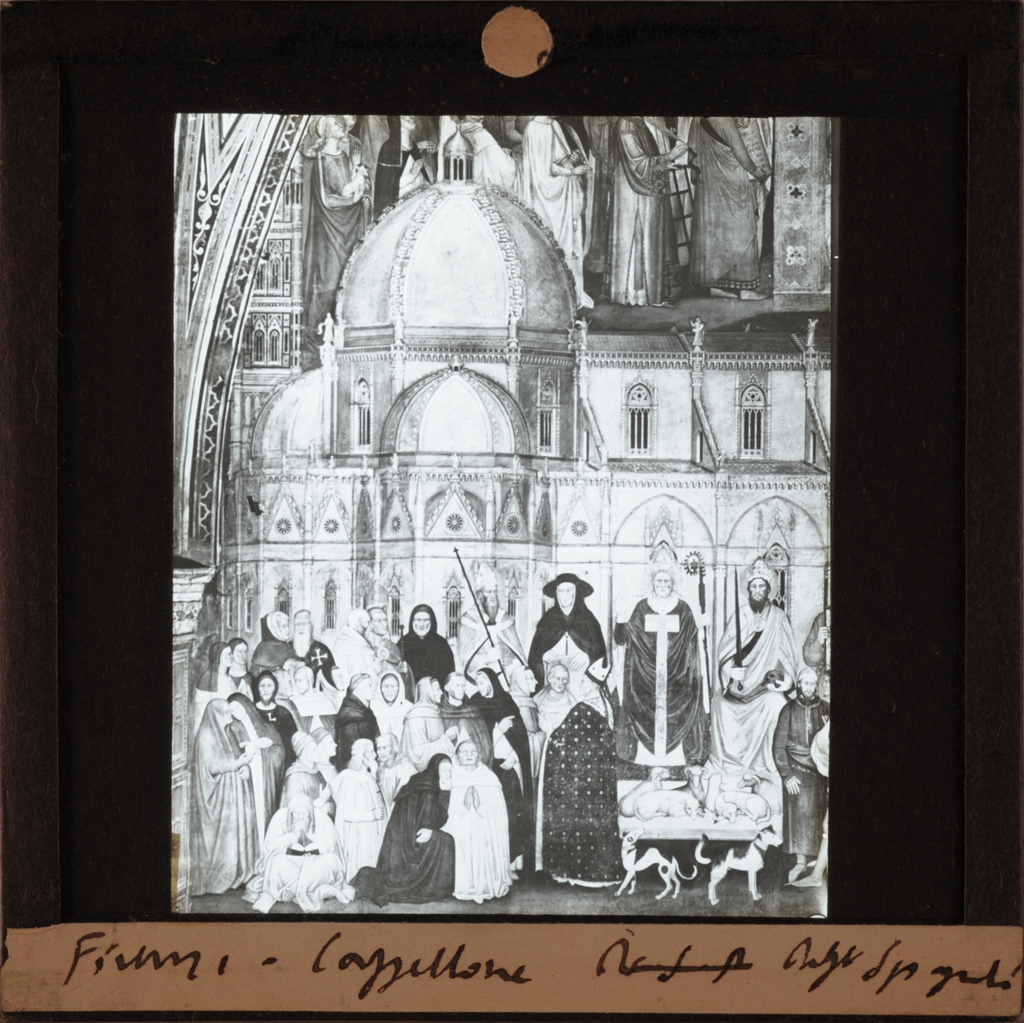 Andrea di Bonaiuto - Cappella degli Spagnoli - la Chiesa militante e trionfante - particolare (diapositiva) di Andrea di Bonaiuto, Anonimo (metà XX)