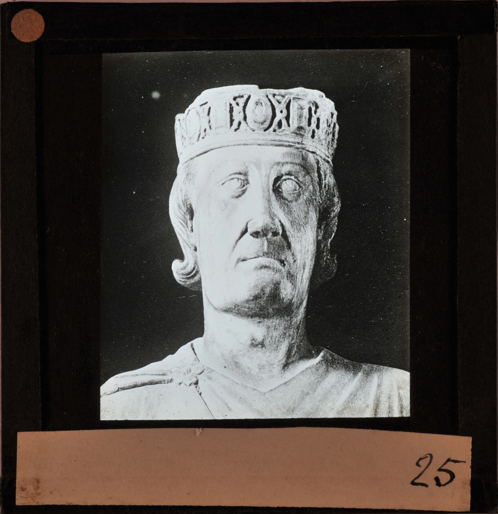 Monumento a Carlo I d'Angiò - particolare del volto (diapositiva) di Arnolfo di Cambio (attr), Fratelli Alinari I.D.E.A. (Istituto di Edizioni Artistiche) (stabilimento) (prima metà XX)
