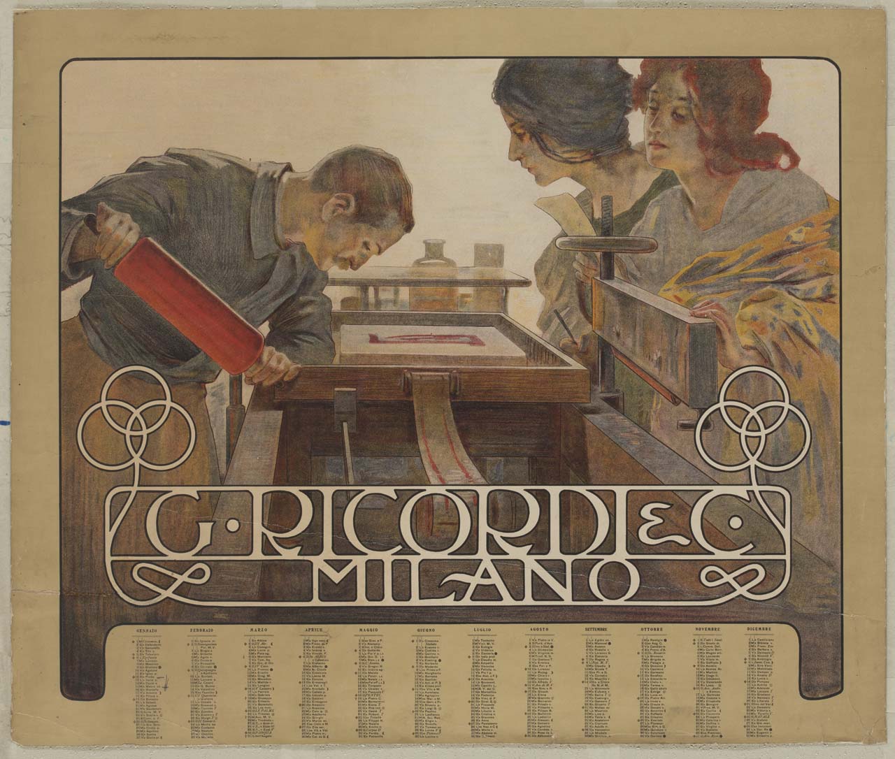 tipografo al lavoro in presenza di due donne (calendario) - ambito italiano (secc. XIX/XX)