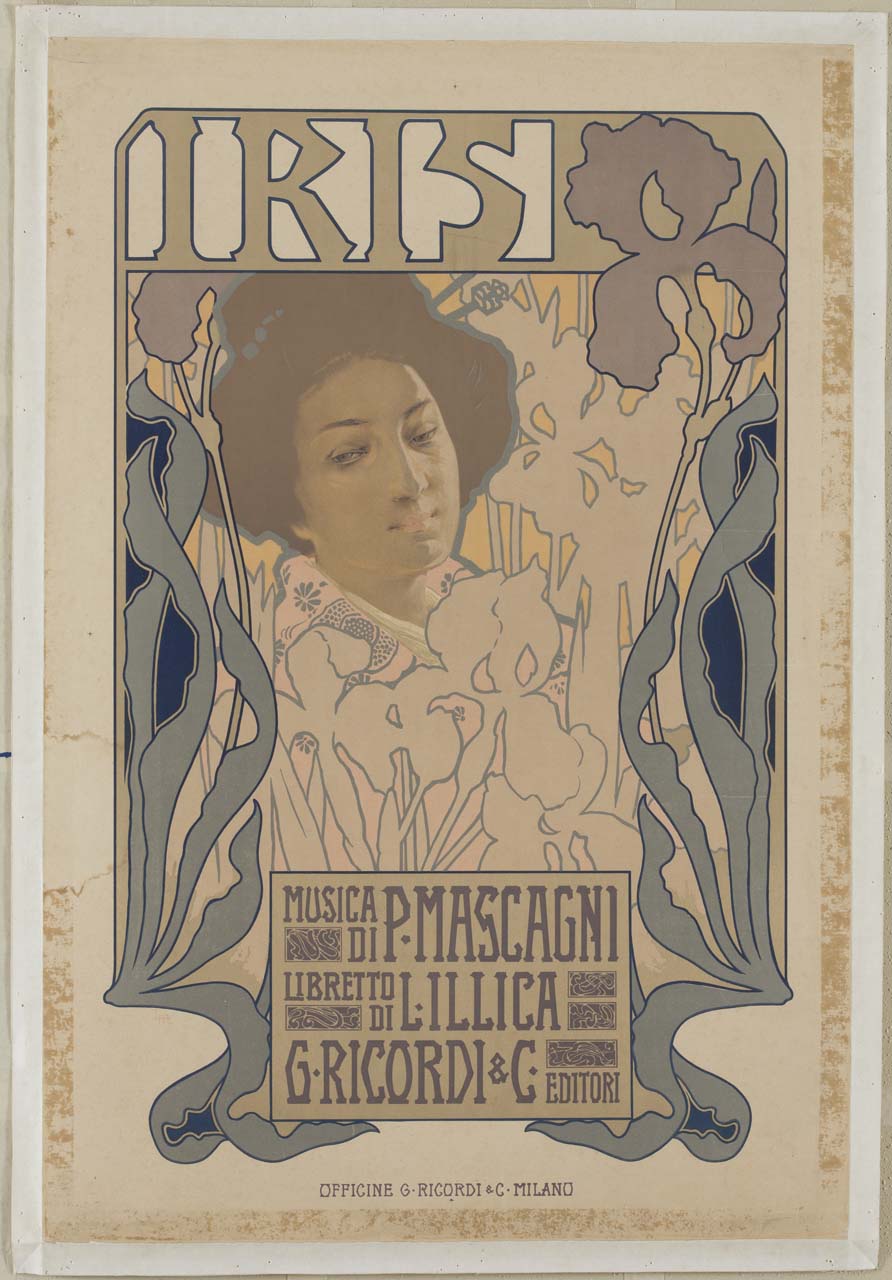 cornice con iris e ritratto di donna (manifesto) di Metlicovitz Leopoldo (sec. XIX)