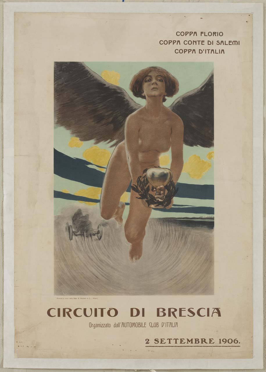 figura femminile alata con coppa tra le mani precede in volo un'automobile in corsa (manifesto) di Metlicovitz Leopoldo (sec. XX)