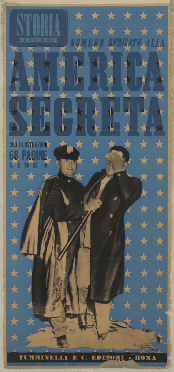 uomo fermato da un poliziotto con il manganello si copre il volto con un fazzoletto (manifesto) - ambito italiano (XX sec)