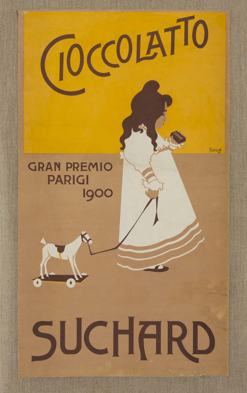 bambina con tavoletta di cioccolato e cavallo giocattolo (manifesto) di Laskowski François detto Laskoff Franz (sec. XX)