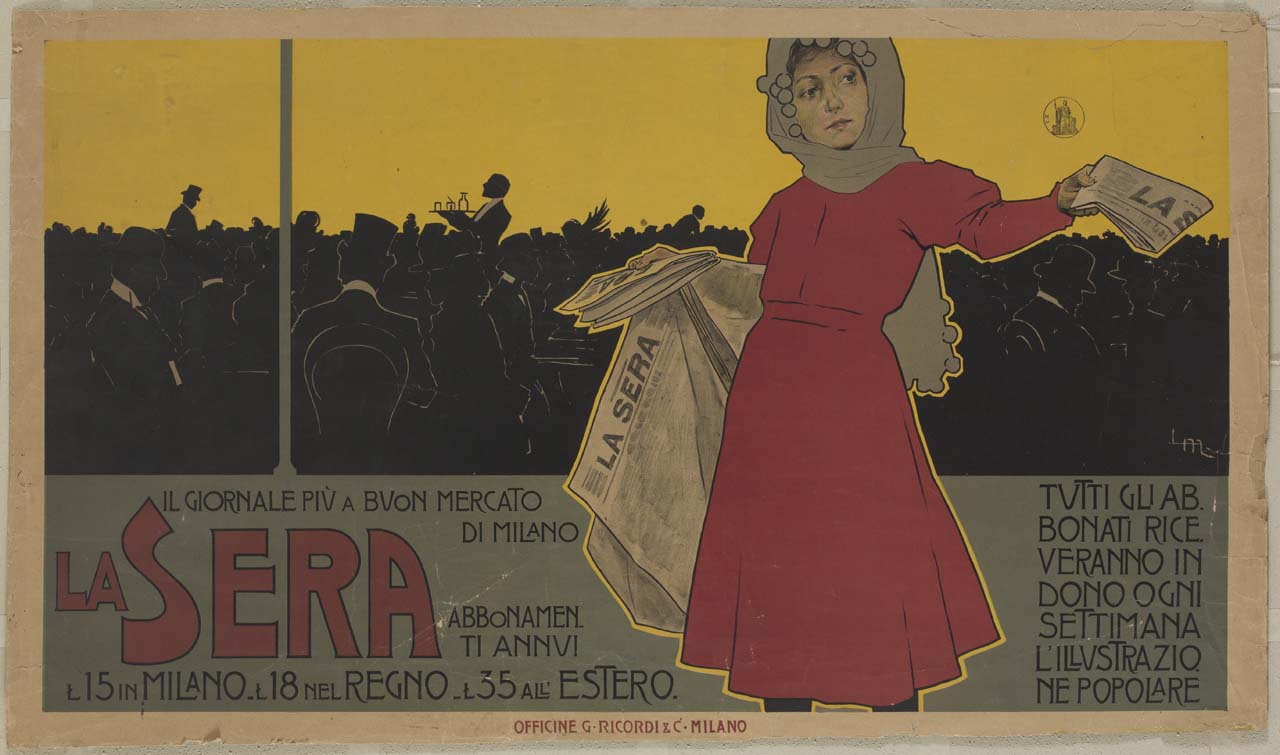 donna che vende giornali (manifesto) di Metlicovitz Leopoldo (inizio sec. XX)