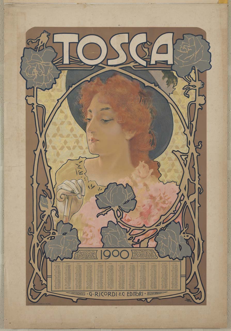 ritratto di donna con cappello e ombrellino in cornice floreale (calendario) di Metlicovitz Leopoldo (sec. XIX)