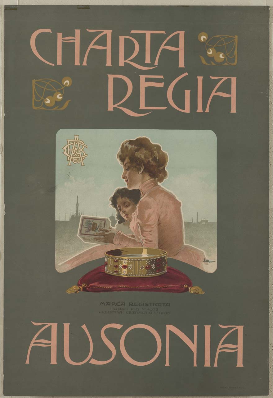 donna che mostra il contenuto di una scatola ad una bambina (manifesto) di Metlicovitz Leopoldo (inizio sec. XX)