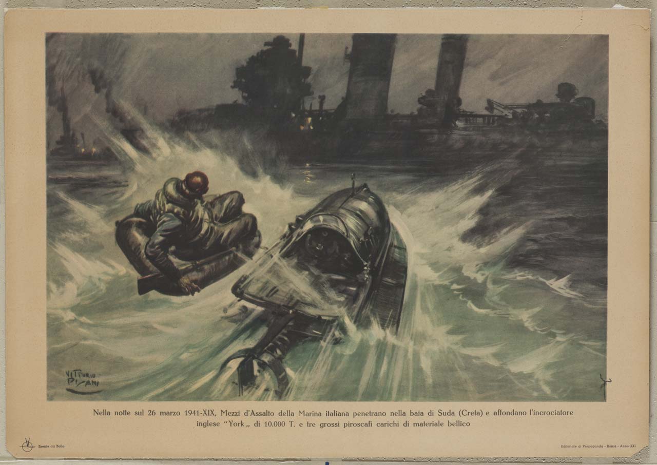 mezzi d'assalto attaccano un'imbarcazione (manifesto) di Pisani Vittorio (sec. XX)