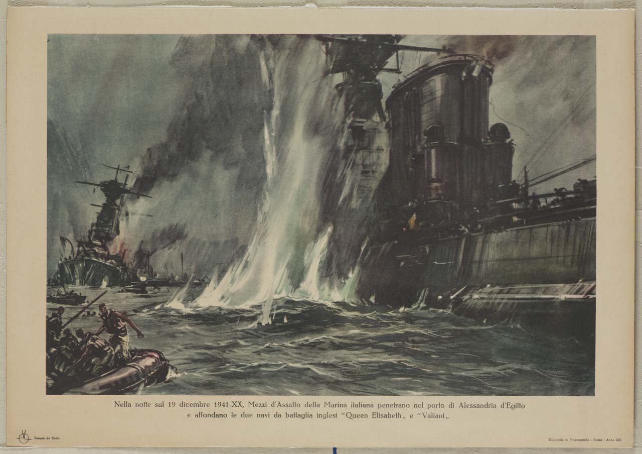 mezzi d'assalto affondano due imbarcazioni (manifesto) - ambito italiano (sec. XX)