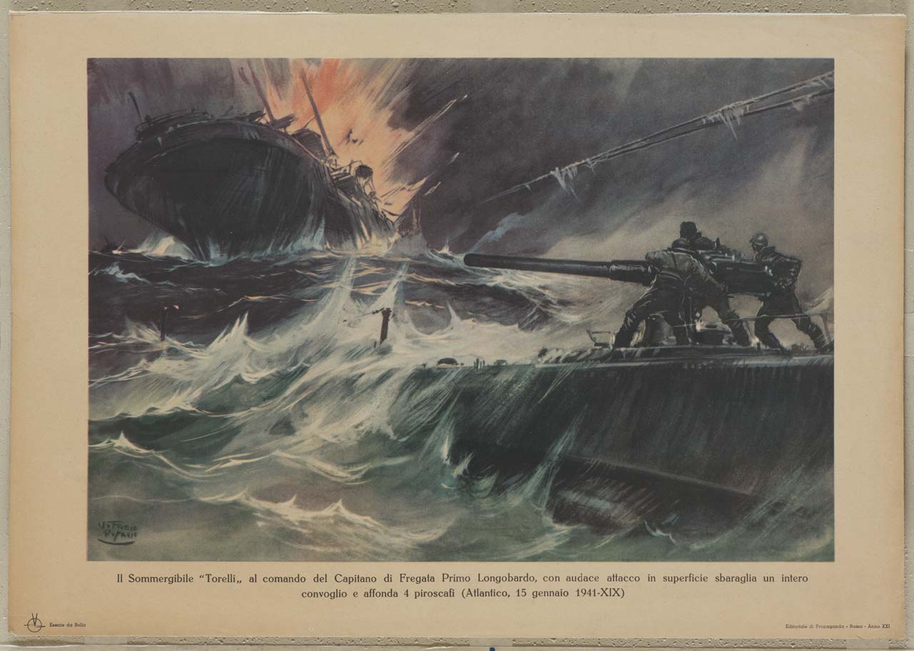 sommergibile affonda quattro piroscafi (manifesto) di Pisani Vittorio (sec. XX)