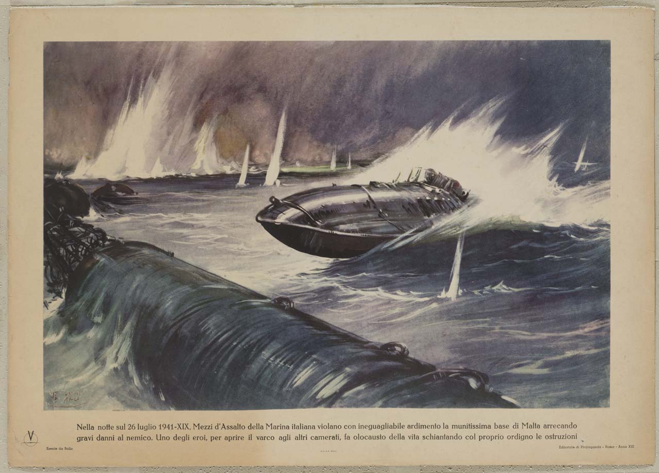 mezzi d'assalto della Marina italiana attaccano la base nemica di Malta (manifesto) di Pisani Vittorio (sec. XX)