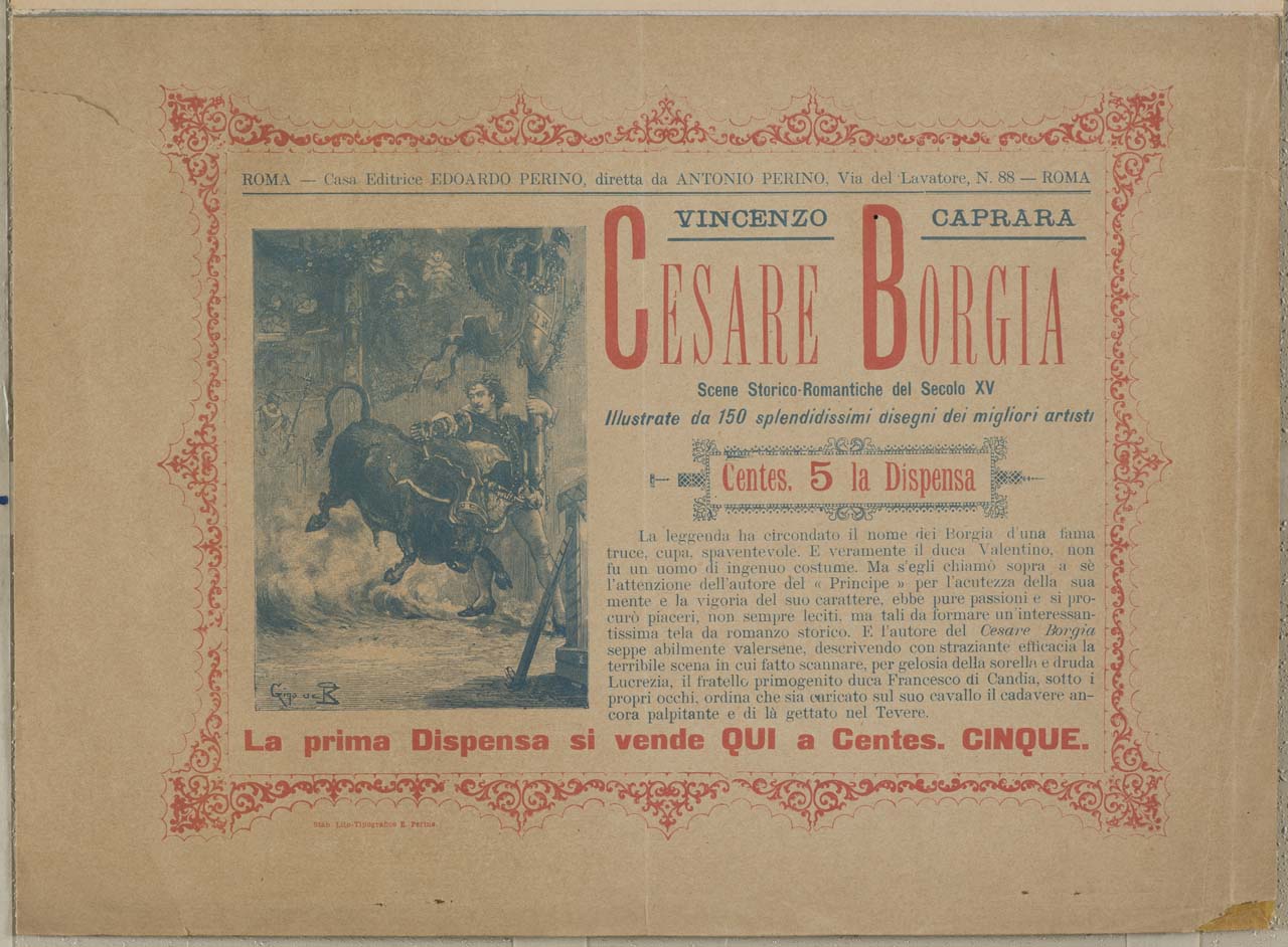cornice rettangolare a riccioli vegetali con scena di ferimento di un toro (manifesto) di De' Bini Luigi detto Gino (sec. XIX)